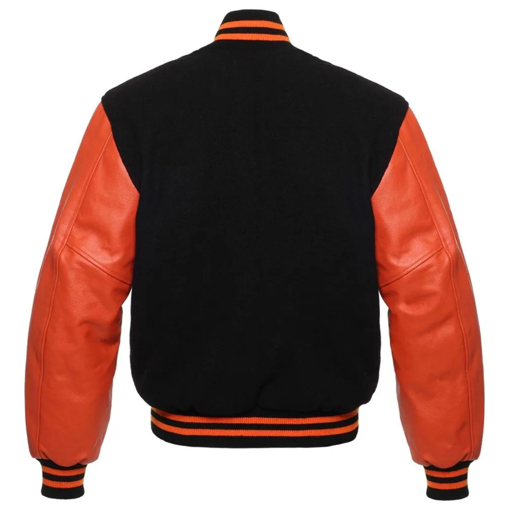 Men Orange And Black Baseball Varsity Jacket
