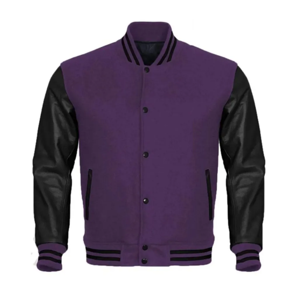 Men Purple Varsity Jacket with Black Faux Sleeves