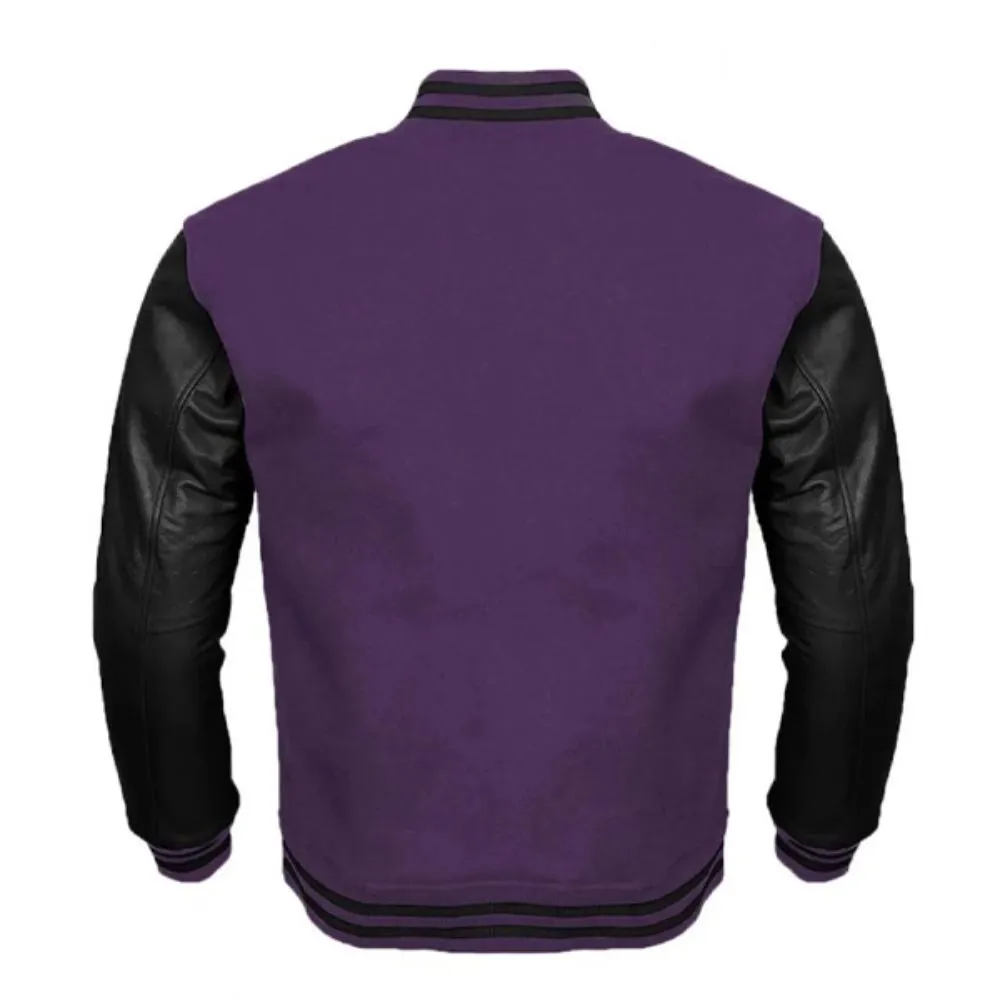 Men Purple Varsity Jacket with Black Faux Sleeves