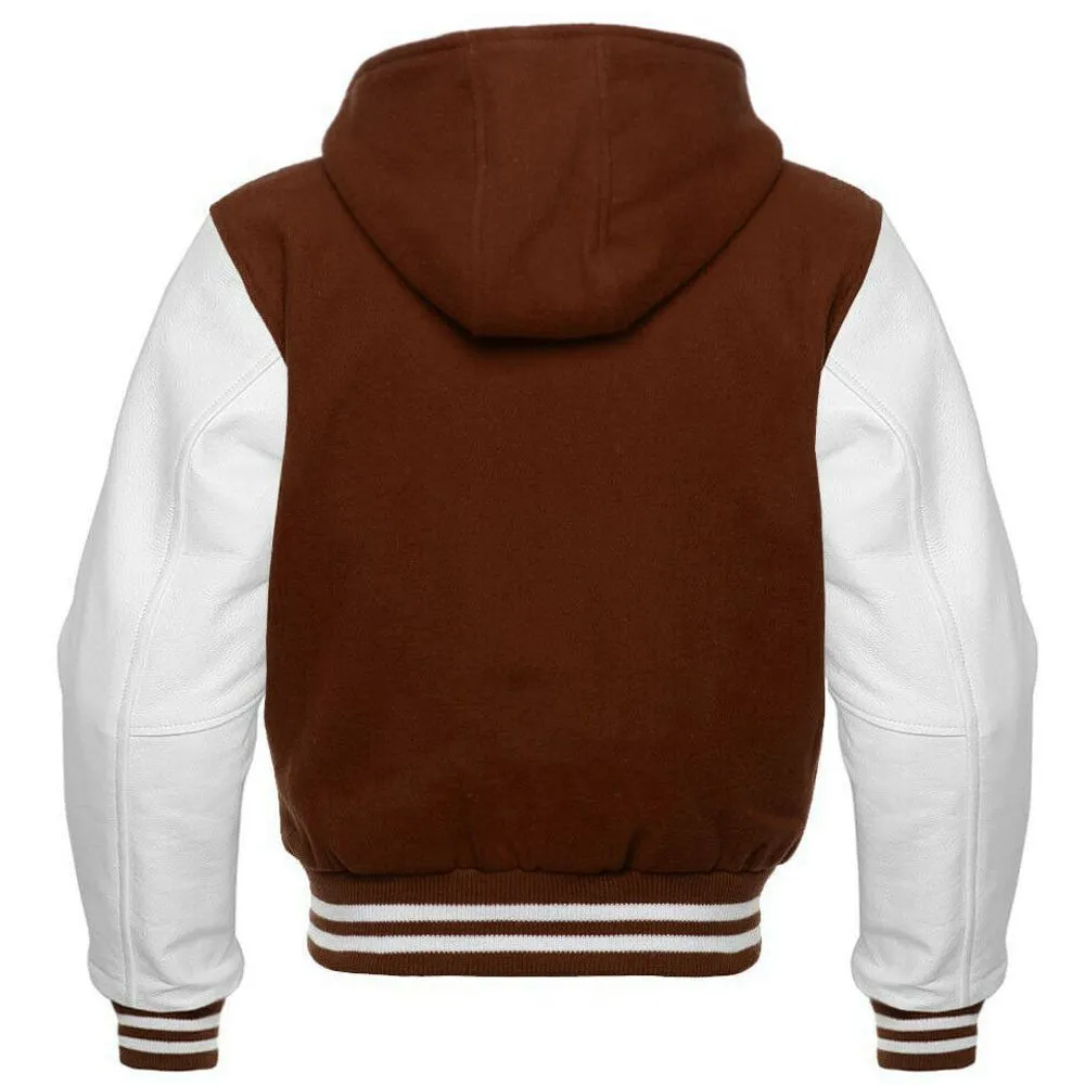 Men's Brown and White Hooded Varsity Jacket