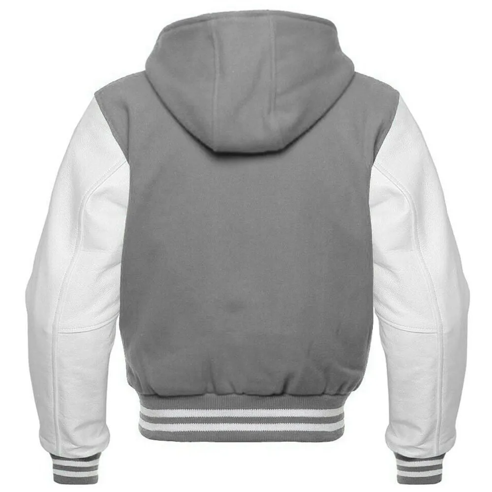 Men's Grey and White Hooded Varsity Jacket