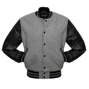 Men's Grey Black Leather Sleeves Varsity Jacket