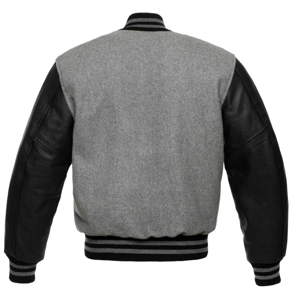 Men's Grey Black Leather Sleeves Varsity Jacket
