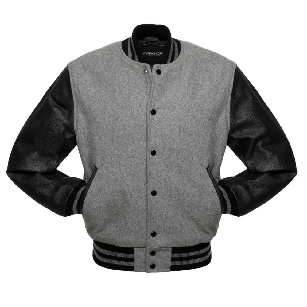 Men's Grey Black Leather Sleeves Varsity Jacket