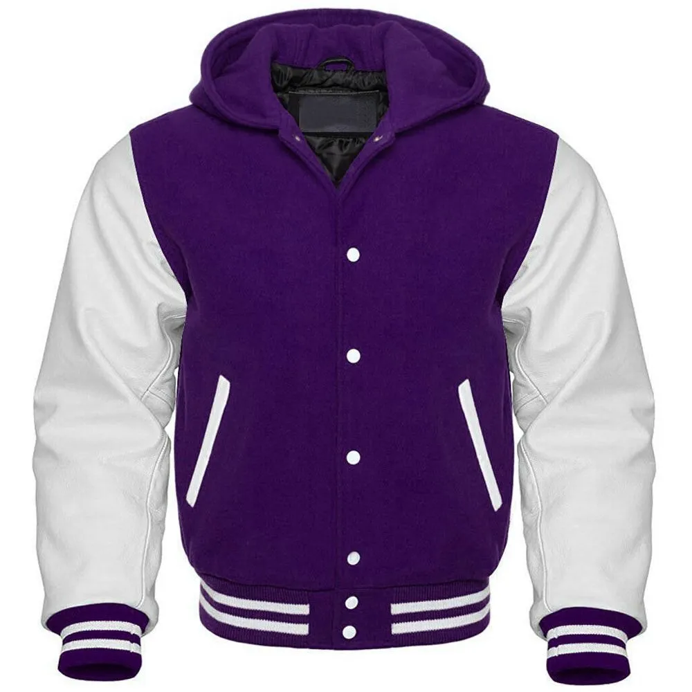 Men's Purple and White Hooded Varsity Jacket