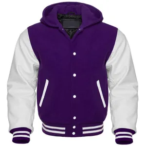 Men's Purple and White Hooded Varsity Jacket