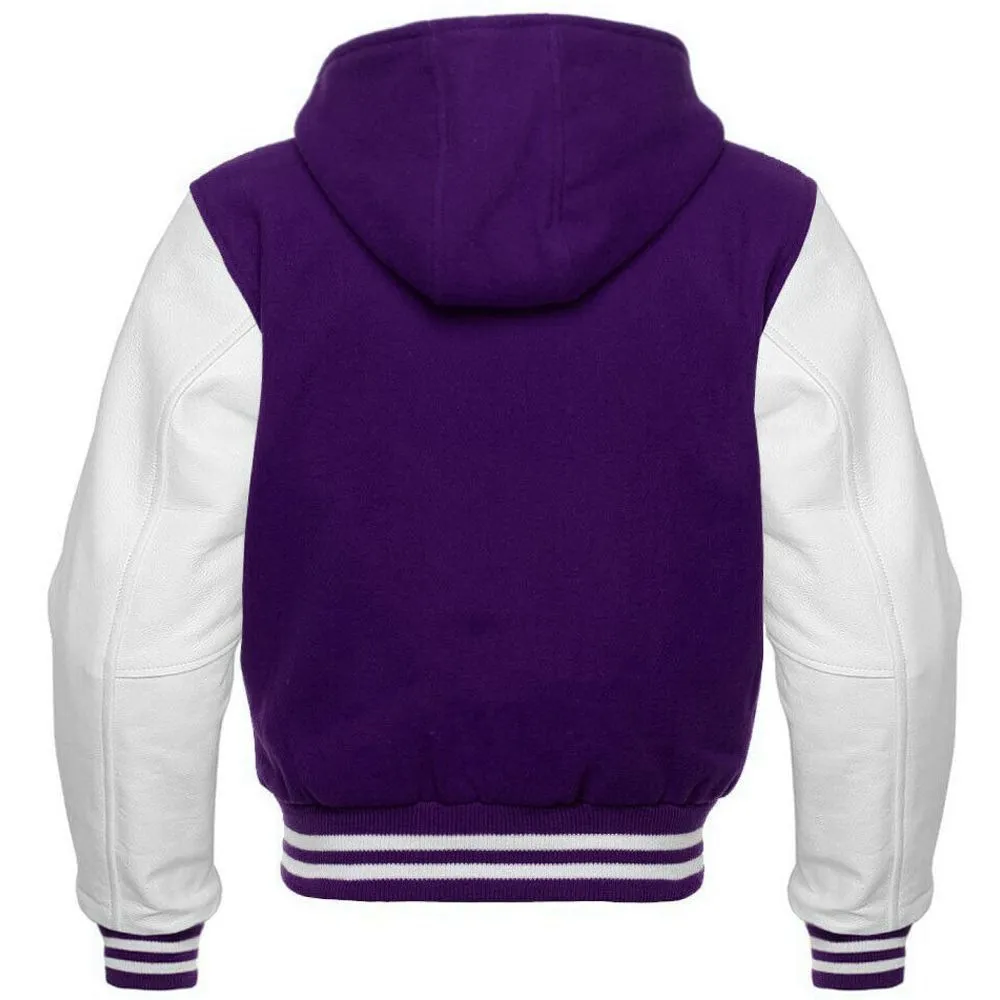 Men's Purple and White Hooded Varsity Jacket