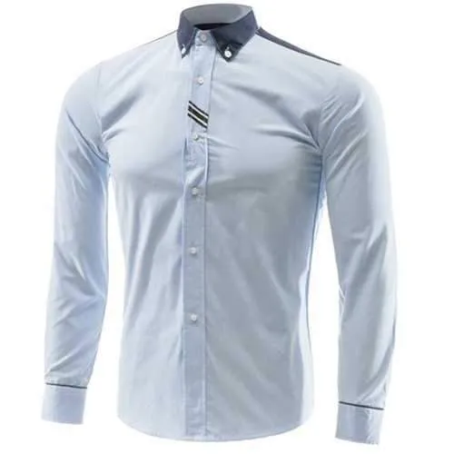 Men's Slim Fit Turn Down Collar Color Block Long Sleeves Shirt - Light Blue M