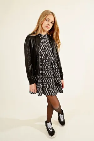 Molly Bracken Youth Girls Ruffle Waist Printed Dress - Black Pivoine