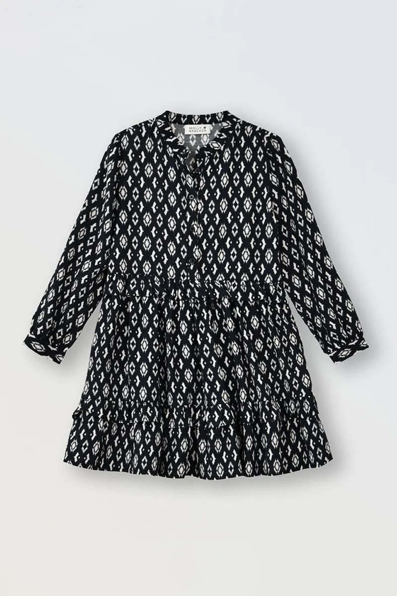 Molly Bracken Youth Girls Ruffle Waist Printed Dress - Black Pivoine