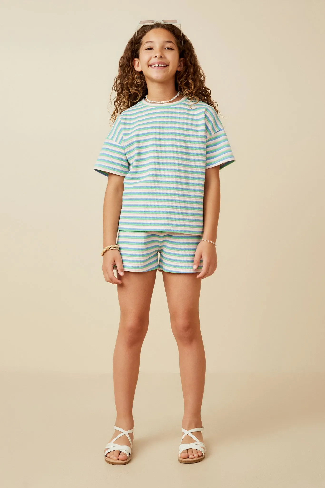 Multi Stripe Waffle Knit Drop Shoulder T Shirt