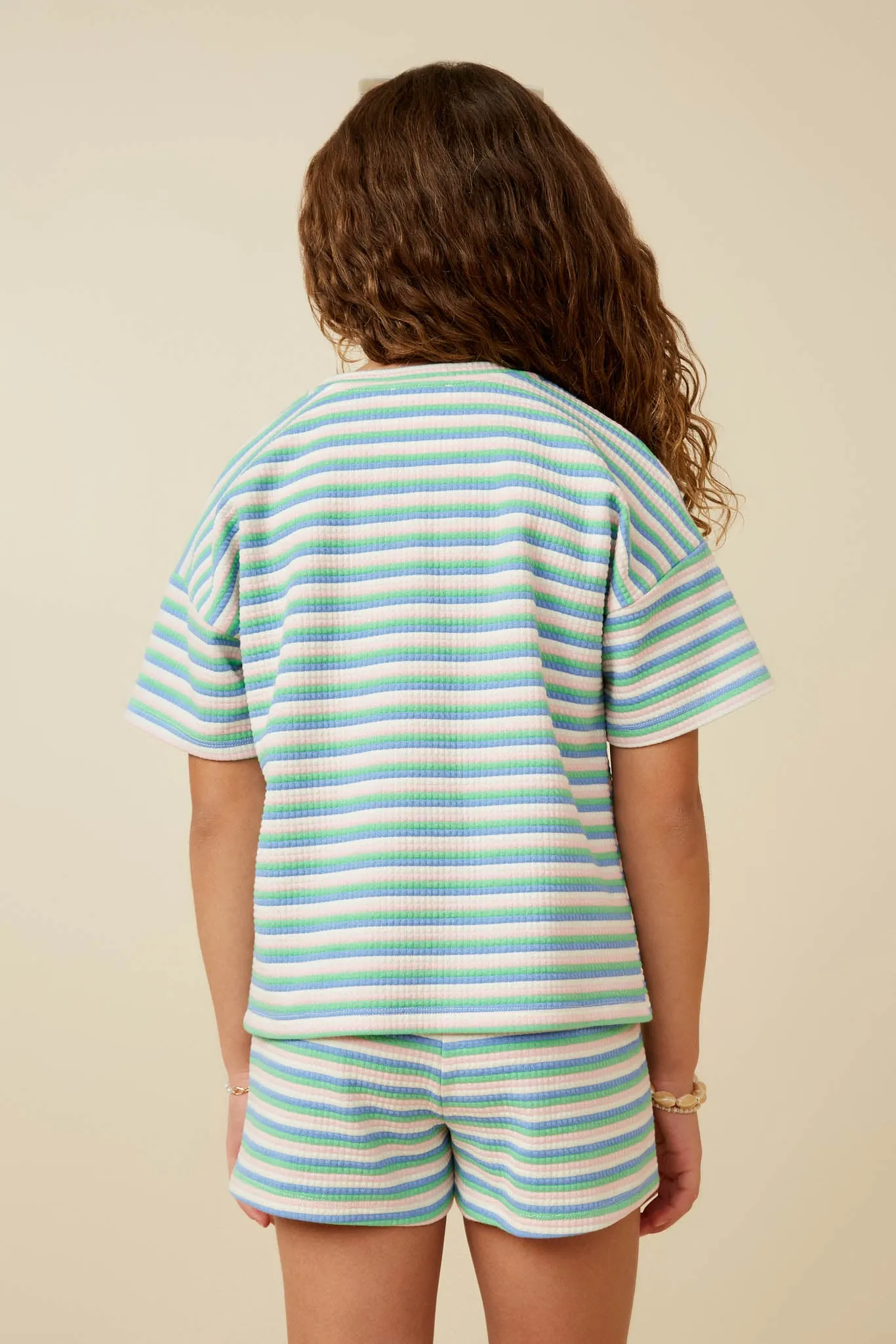 Multi Stripe Waffle Knit Drop Shoulder T Shirt