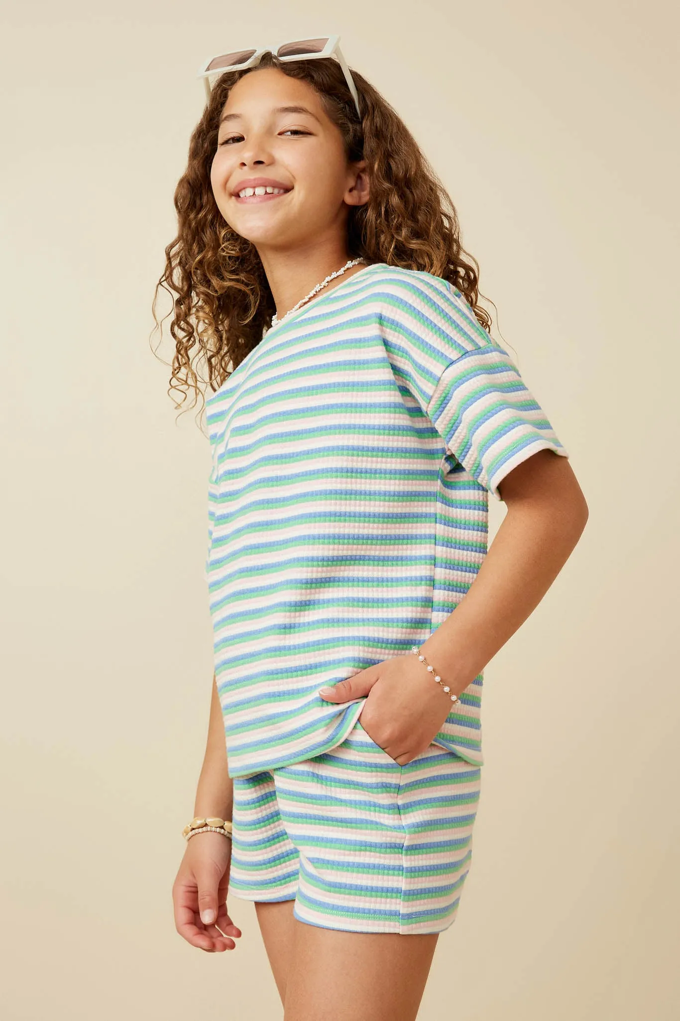 Multi Stripe Waffle Knit Drop Shoulder T Shirt