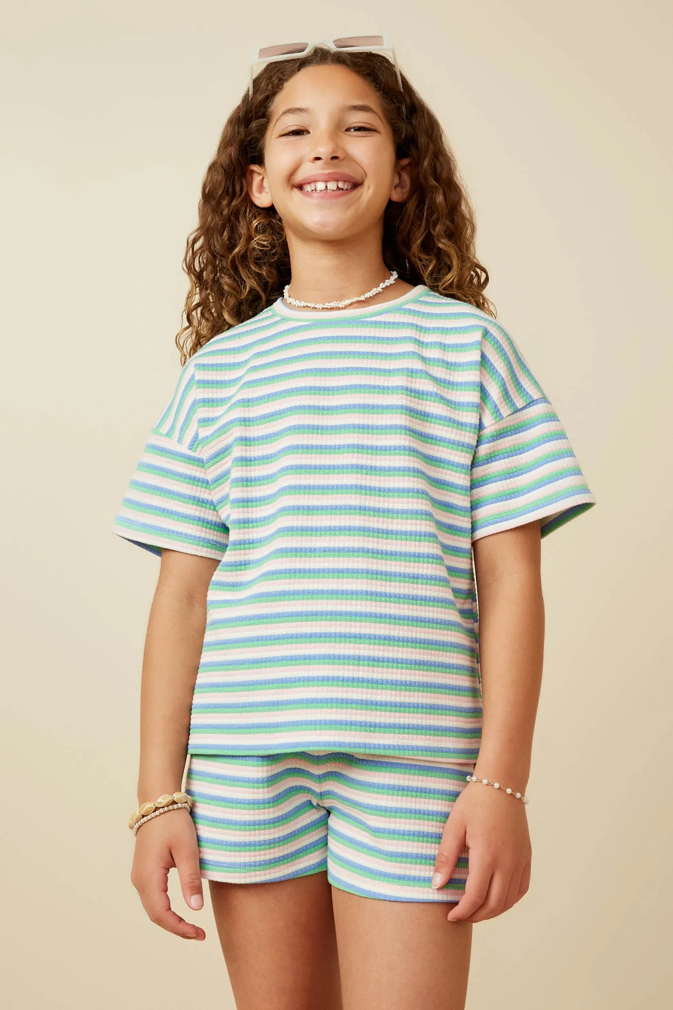 Multi Stripe Waffle Knit Drop Shoulder T Shirt