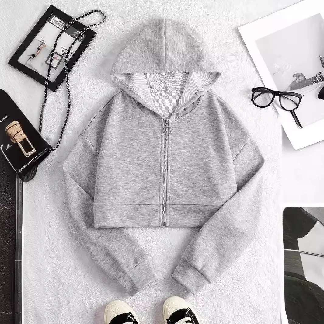 Navel-Exposed Zip-Up Hooded Sweatshirts Solid Color Cardigan Jackets Wholesale Womens Clothing N3824062800001