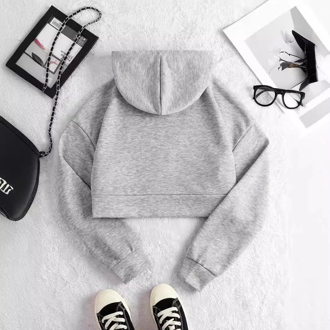 Navel-Exposed Zip-Up Hooded Sweatshirts Solid Color Cardigan Jackets Wholesale Womens Clothing N3824062800001