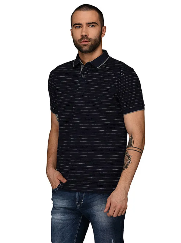 Navy Blue & Grey Striped Slim Fit Polo T-Shirt | JadeBlue