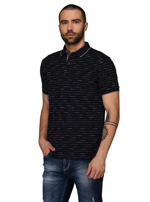Navy Blue & Grey Striped Slim Fit Polo T-Shirt | JadeBlue