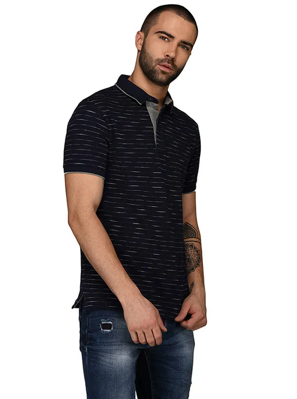 Navy Blue & Grey Striped Slim Fit Polo T-Shirt | JadeBlue