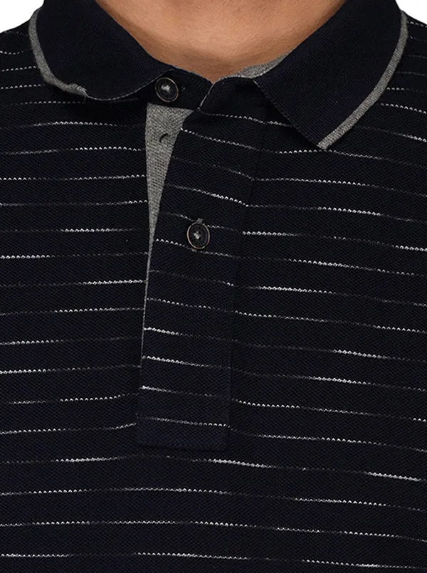 Navy Blue & Grey Striped Slim Fit Polo T-Shirt | JadeBlue