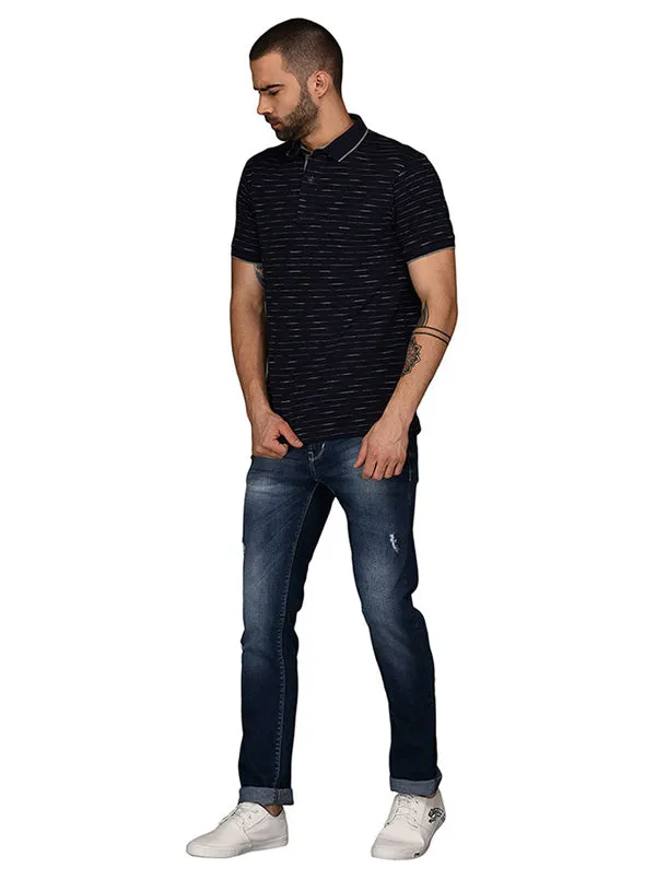 Navy Blue & Grey Striped Slim Fit Polo T-Shirt | JadeBlue