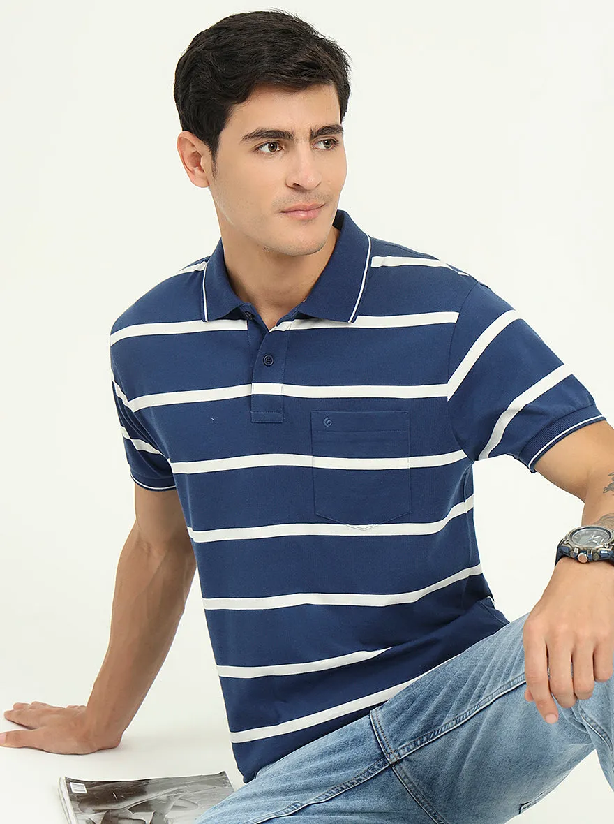 Navy Blue & White Striped Slim Fit Polo T-Shirt | Greenfibre