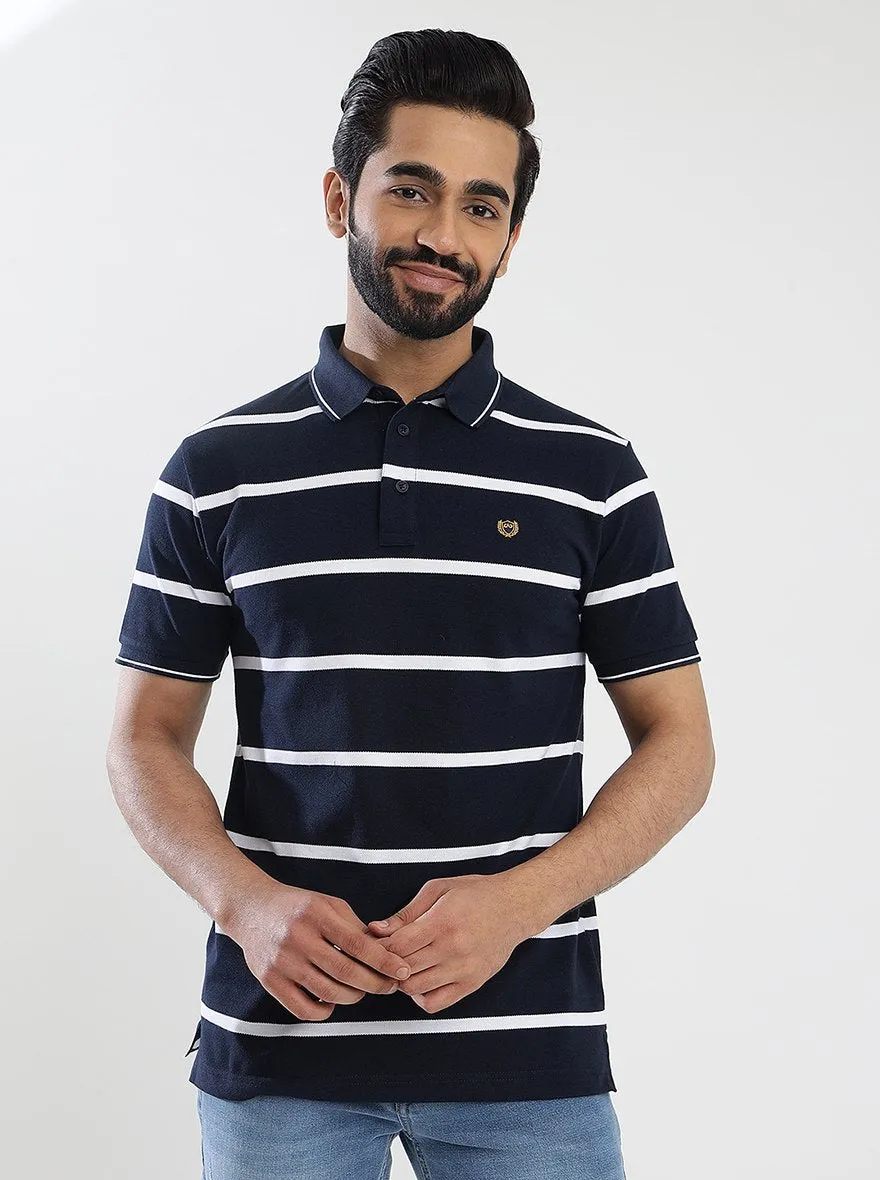 Navy Blue Striped Slim Fit Polo T-Shirt | JadeBlue