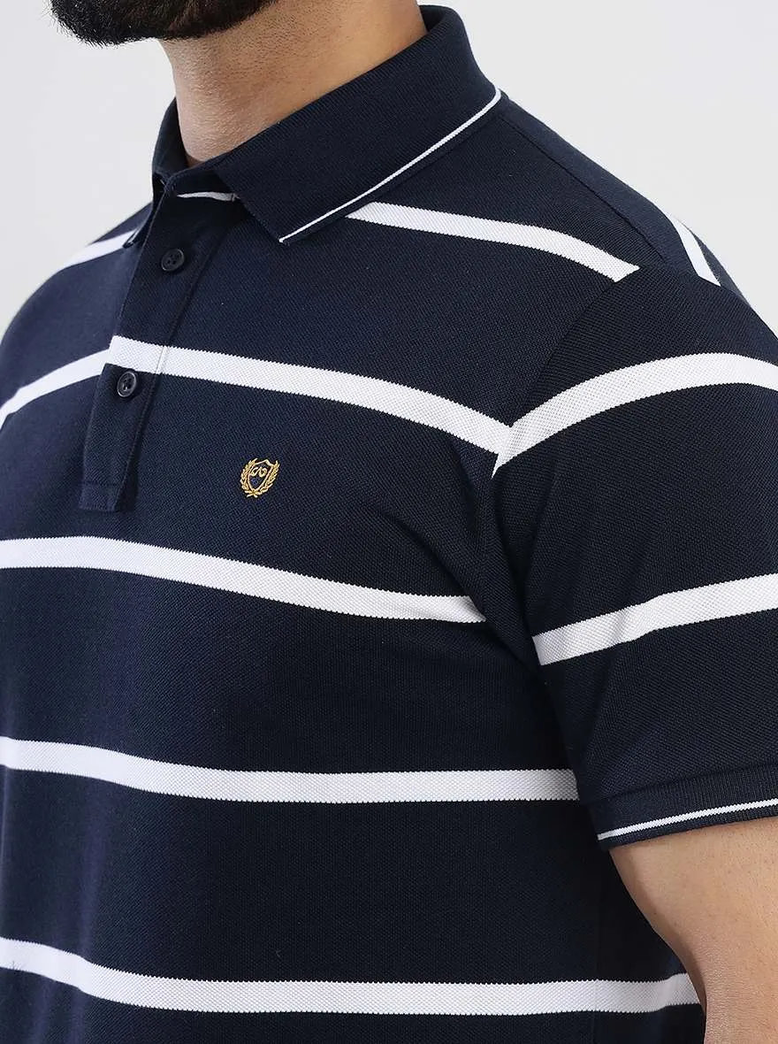 Navy Blue Striped Slim Fit Polo T-Shirt | JadeBlue