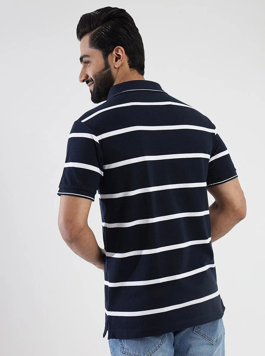 Navy Blue Striped Slim Fit Polo T-Shirt | JadeBlue