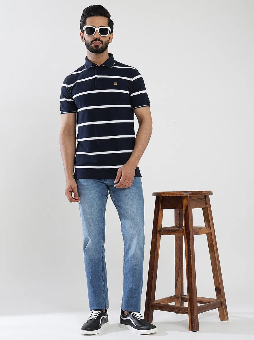 Navy Blue Striped Slim Fit Polo T-Shirt | JadeBlue