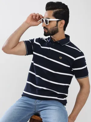 Navy Blue Striped Slim Fit Polo T-Shirt | JadeBlue