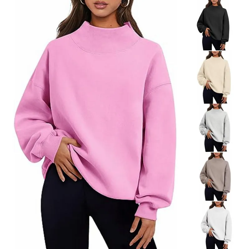 Neckline Split Loose Casual Half High Neck Sweatshirts Wholesale Womens Clothing N3824070900011
