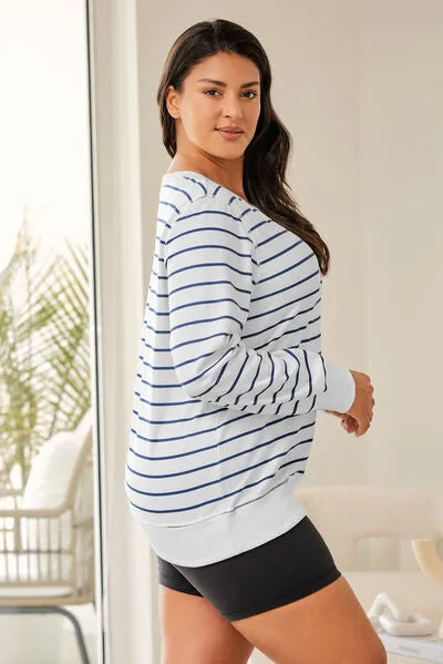 Neela Plus Size Striped Round Neck Long Sleeve T-Shirt