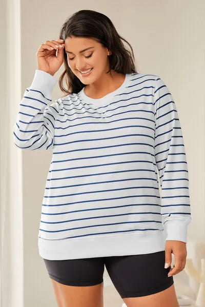 Neela Plus Size Striped Round Neck Long Sleeve T-Shirt