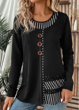 New Black Patchwork Striped Long Sleeve Round Neck Long Sleeve, Sz L! Retails $51 