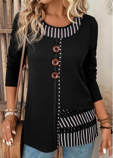 New Black Patchwork Striped Long Sleeve Round Neck Long Sleeve, Sz L! Retails $51 