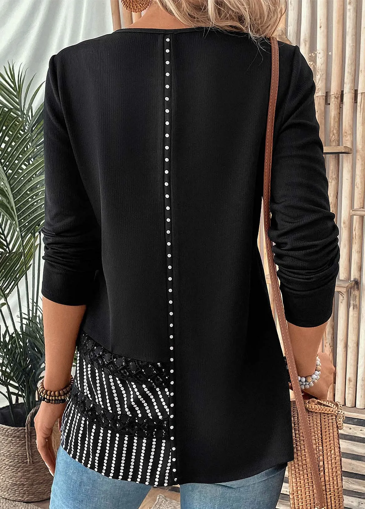 New Black Patchwork Striped Long Sleeve Round Neck Long Sleeve, Sz L! Retails $51 