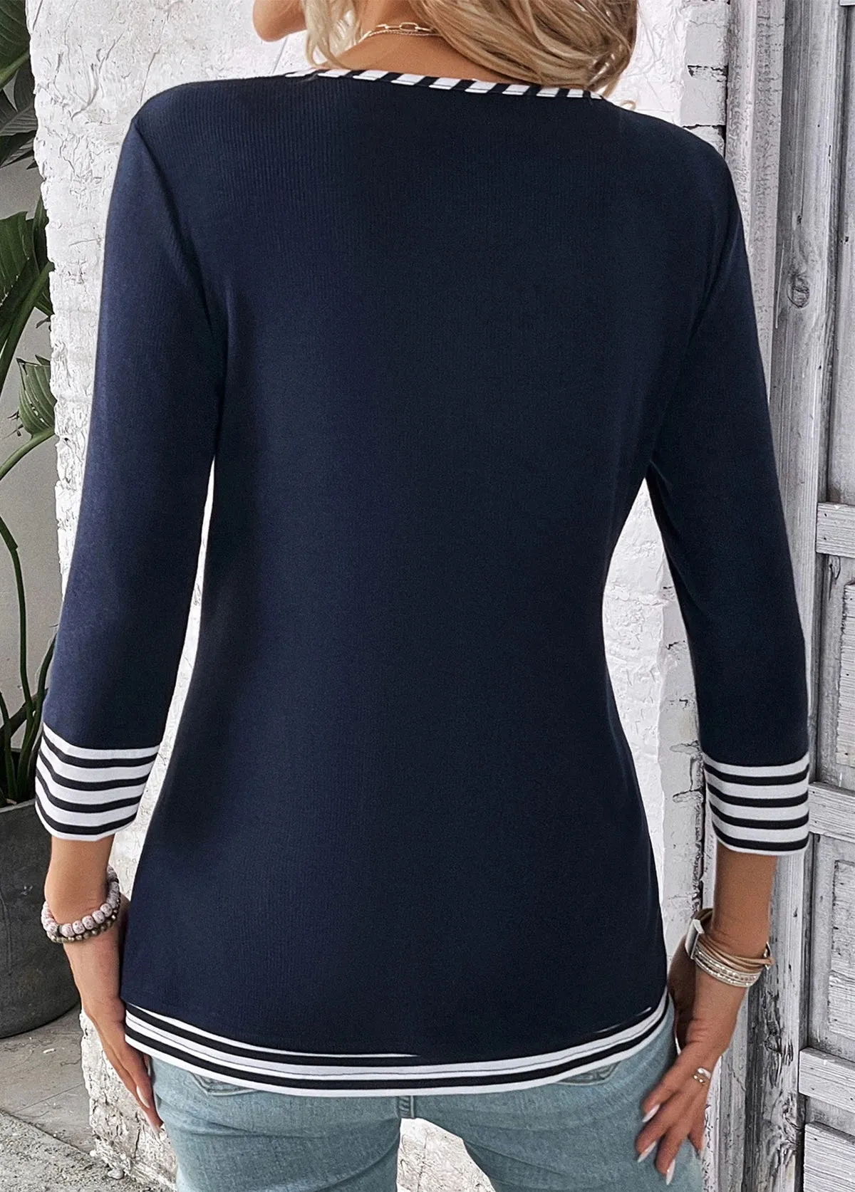 New ROTITA Striped Navy V Neck T Shirt, Sz XL Fits True