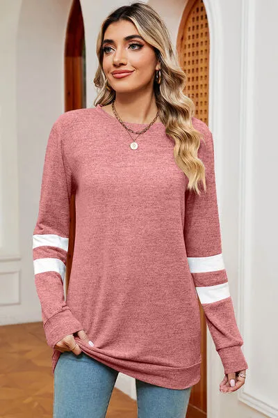 New STRIPED HEATHERED ROUND NECK LONG SLEEVE T-SHIRT, SZ L