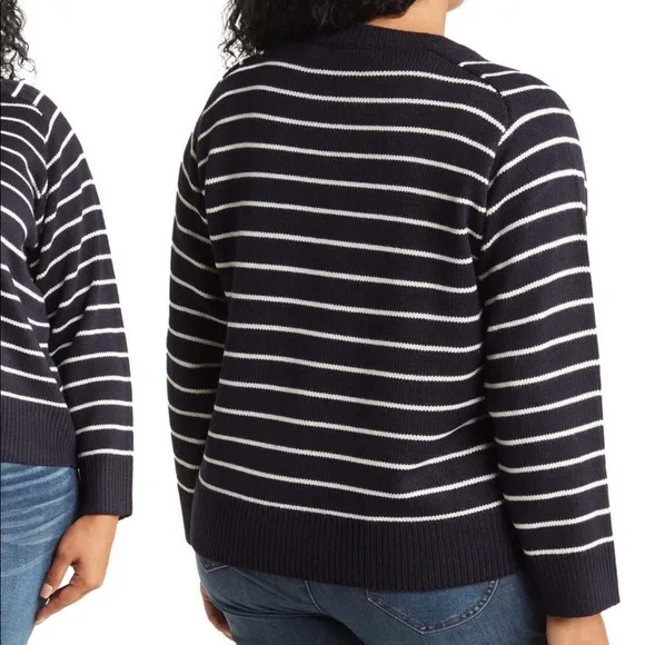 New Women’s Plus T TAHARI Navy and White Striped Crewneck Sweater