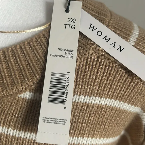 New Women’s Plus T TAHARI Striped Crewneck Oversized Sweater