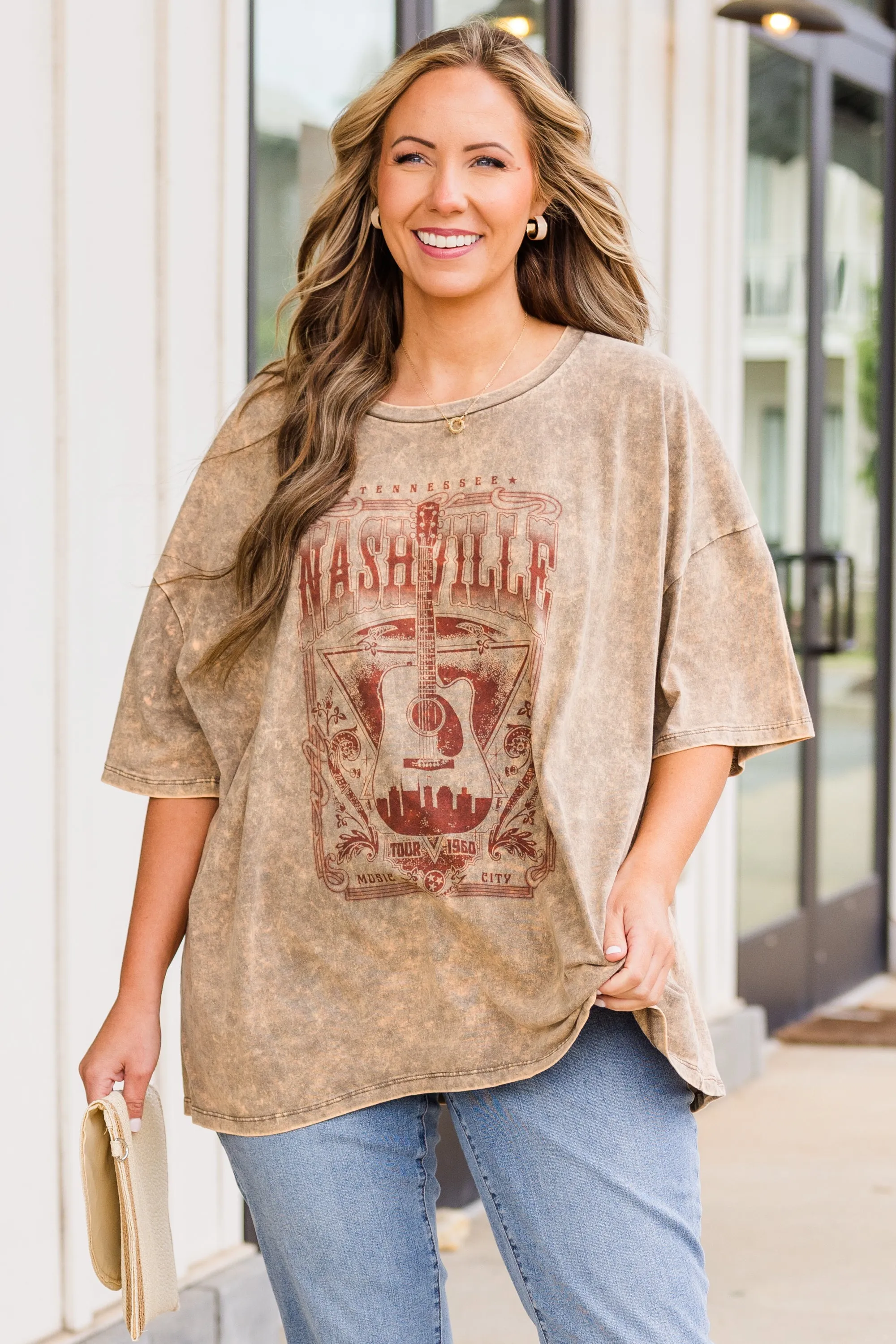 Nights On Broadway Acid Wash Boyfriend Tee, Mocha