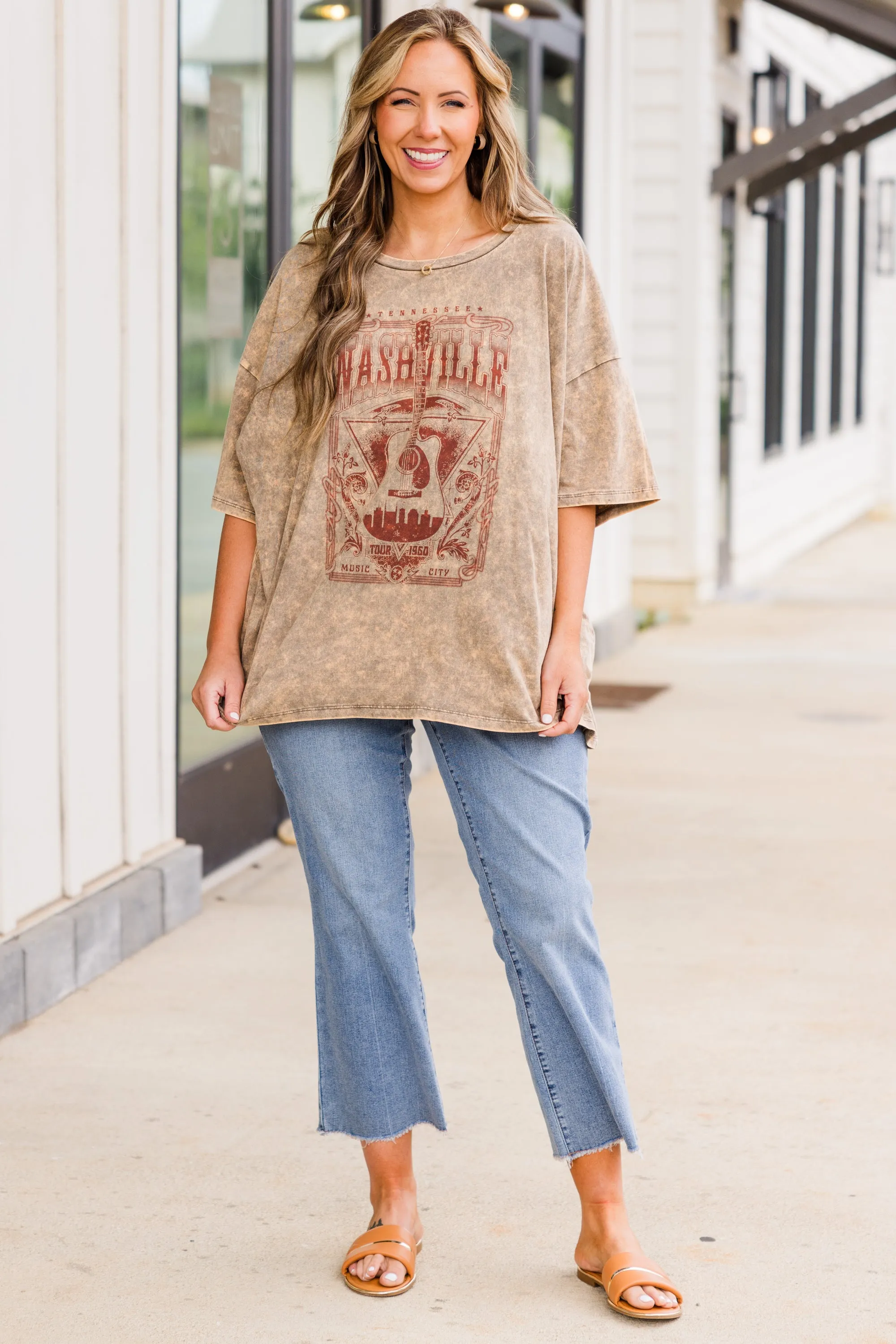 Nights On Broadway Acid Wash Boyfriend Tee, Mocha
