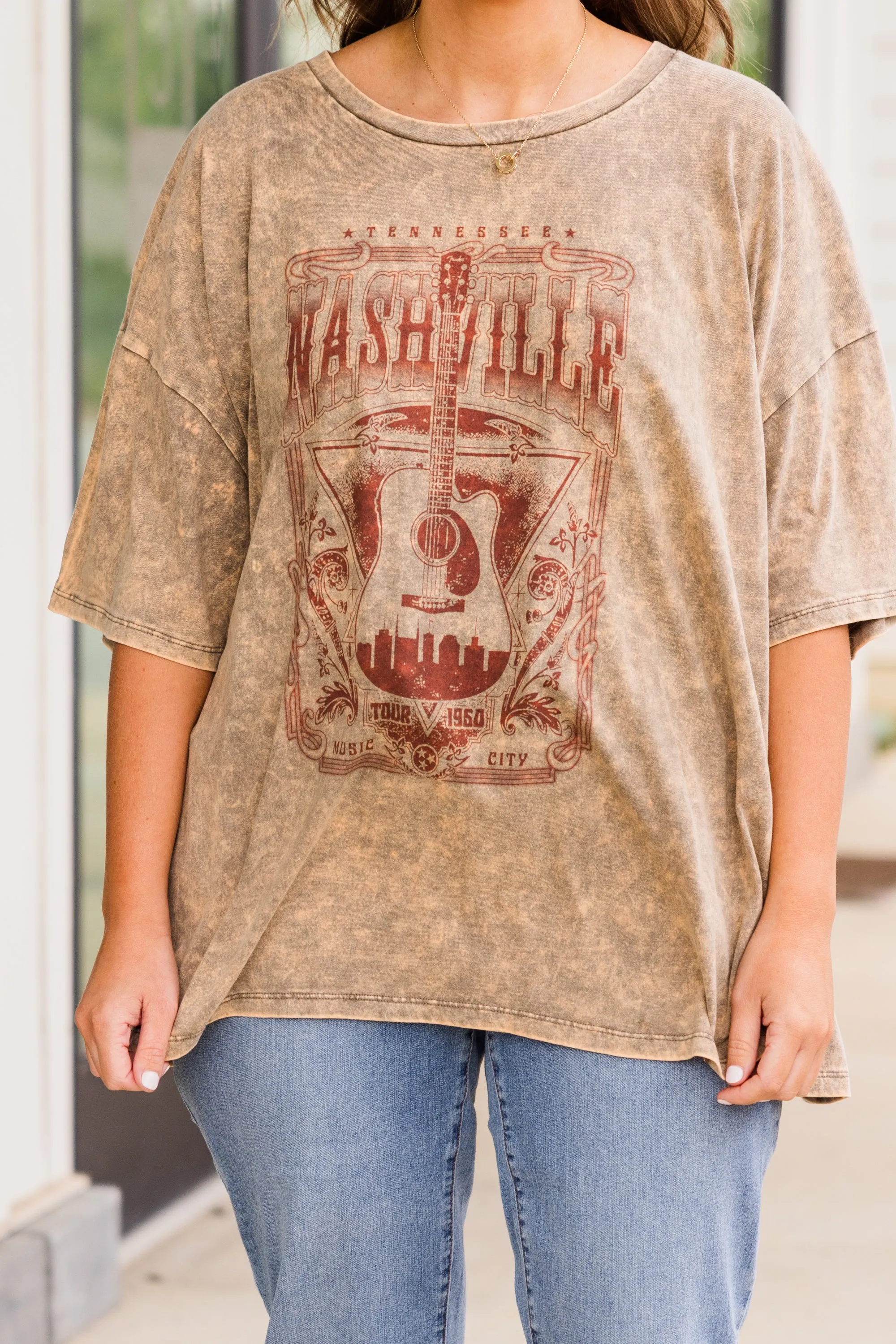Nights On Broadway Acid Wash Boyfriend Tee, Mocha