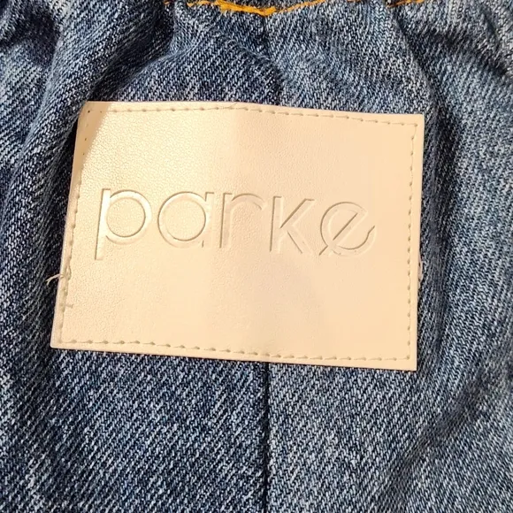 NWOT Parke Patchwork Denim Blue Jean High-Waisted Drawstring Pocket Shorts