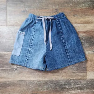 NWOT Parke Patchwork Denim Blue Jean High-Waisted Drawstring Pocket Shorts