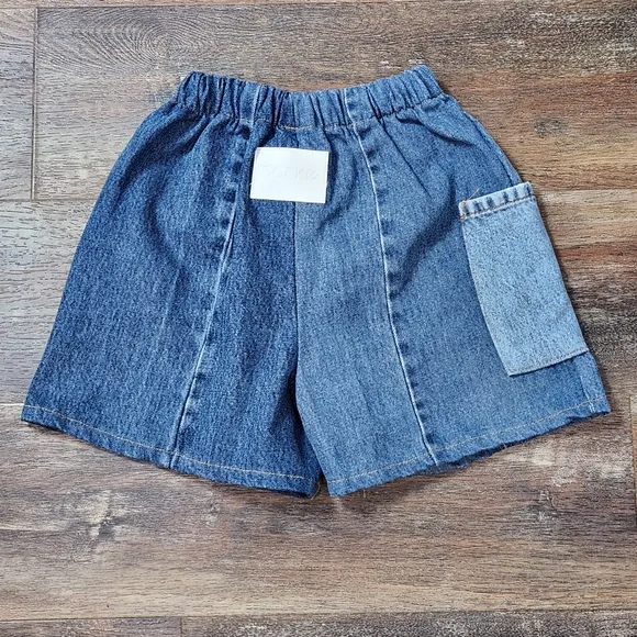 NWOT Parke Patchwork Denim Blue Jean High-Waisted Drawstring Pocket Shorts
