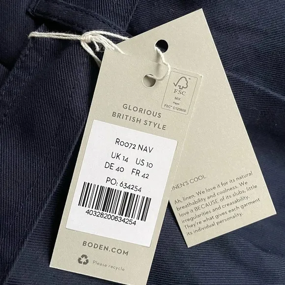 NWT Boden Paperbag High Waisted Linen Blend Shorts in Navy size 10