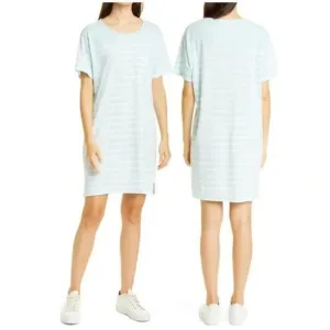NWT La Ligne New Edie Knit Striped Cotton T-Shirt Dress Aqua Blue/White XL