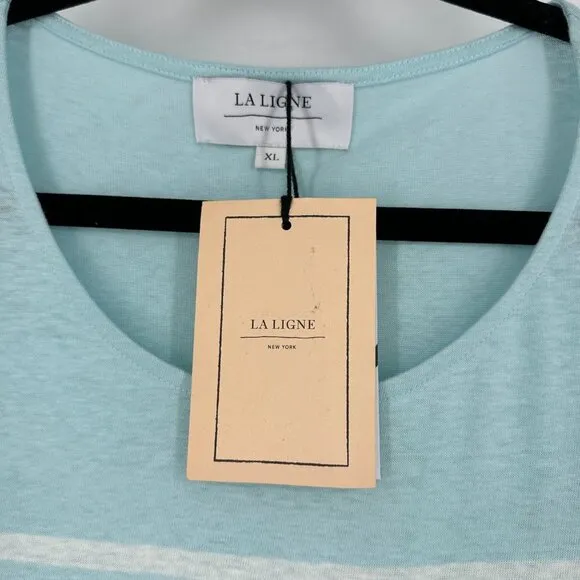 NWT La Ligne New Edie Knit Striped Cotton T-Shirt Dress Aqua Blue/White XL
